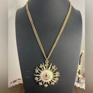 Vintage Runway Gold Tone Rhinestone Sunburst Statement Necklace 26” B19